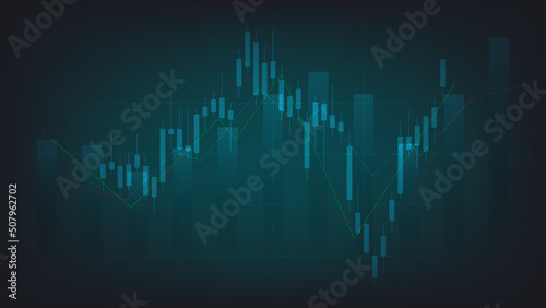 economy situation concept. Financial business statistics with bar graph and candlestick chart show stock market price and currency exchange on green background