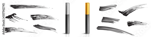 Mascara in different bottles for eyelash makeup and black smudge swatch. Vector realistic mockup of 3d cosmetics package, closed gray and golden cap container with ink for lashes or brows