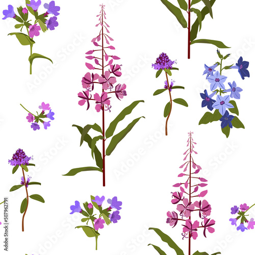 Forest vector seamless pattern in the kind of flowers. Lilac and purple flowers of the Lungwort, blooming sally, sage, campanula on a white background .