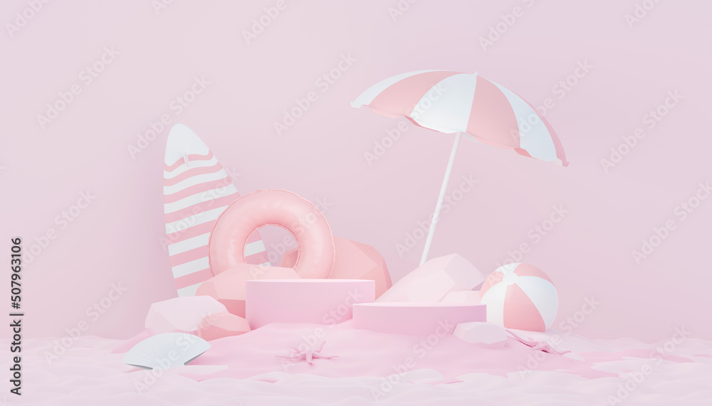 3d render minimal podium background for show and sales products. Hello Summer season scene design concept. Abstract Vacant pedestal for presentation and advertising. Beach Vacations in Summer. 3d render minimal podium background for show and sales products. Hello Summer season scene design concept. Abstract Vacant pedestal for presentation and advertising. Beach Vacations in Summer.