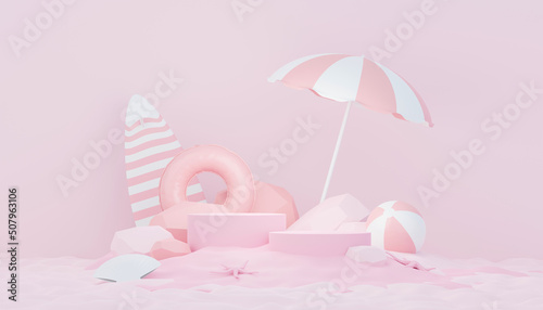 3d render minimal podium background for show and sales products. Hello Summer season scene design concept. Abstract Vacant pedestal for presentation and advertising. Beach Vacations in Summer. © TANATPON