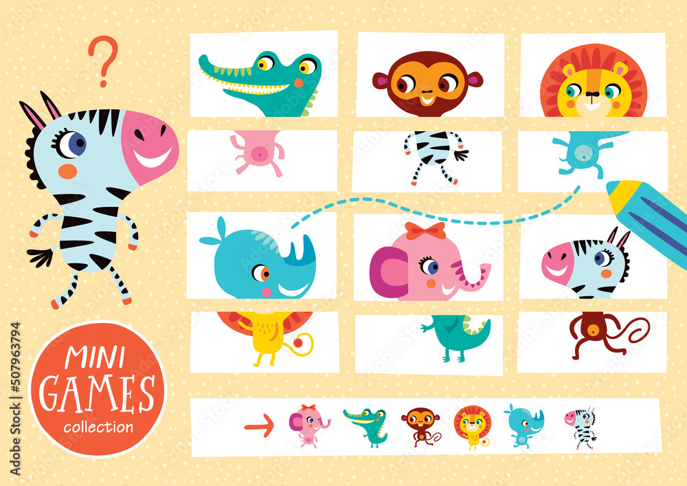 Fototapeta premium Assemble the pictures. Mini games collections. African animals.