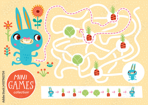 Funny maze for children. Feed the rabbit. Mini games collections.