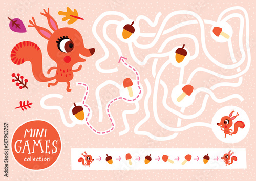 Funny maze for children. Feed the squirrel. Mini games collections.