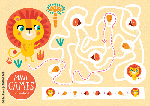 Funny maze for children. Feed the lion. Mini games collections.