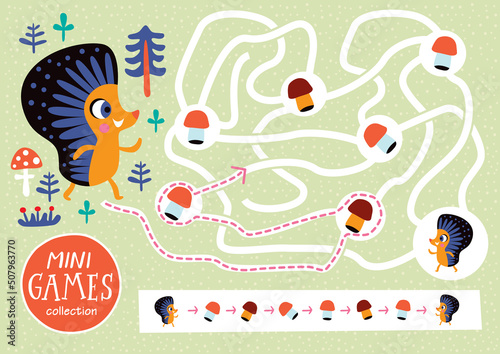 Funny maze for children. Feed the hedgehog. Mini games collections.