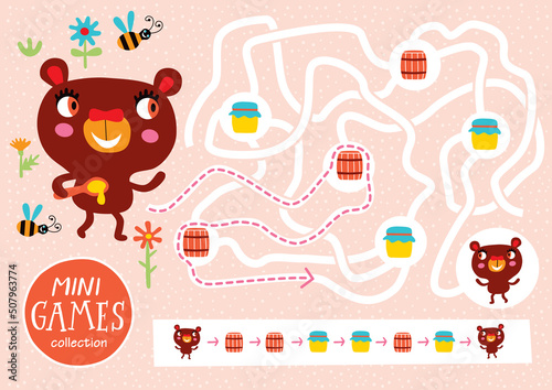 Funny maze for children. Feed the bear. Mini games collections.
