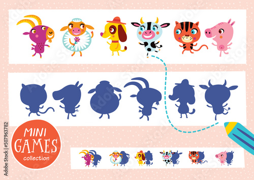 Find the correct shadow. Mini games collections. Farm animals.