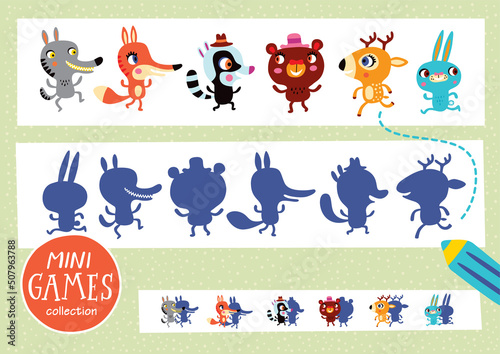 Find the correct shadow. Mini games collections. Forest animals.