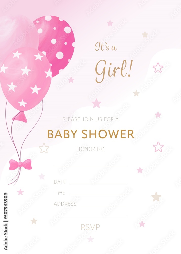 Vector baby shower invitation template with pink balloon and gap for filling It's a girl