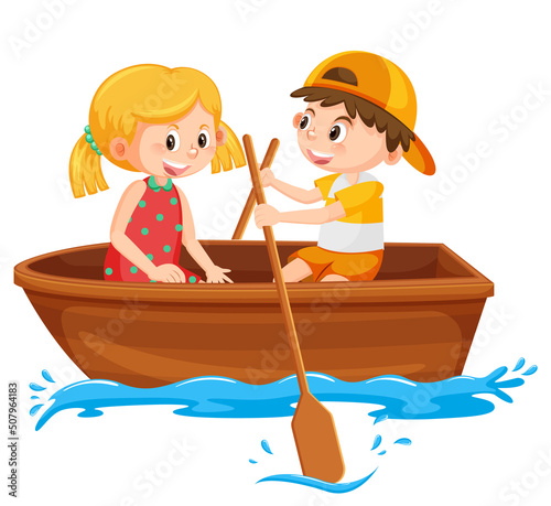 Boy and girl paddle the boat on white background