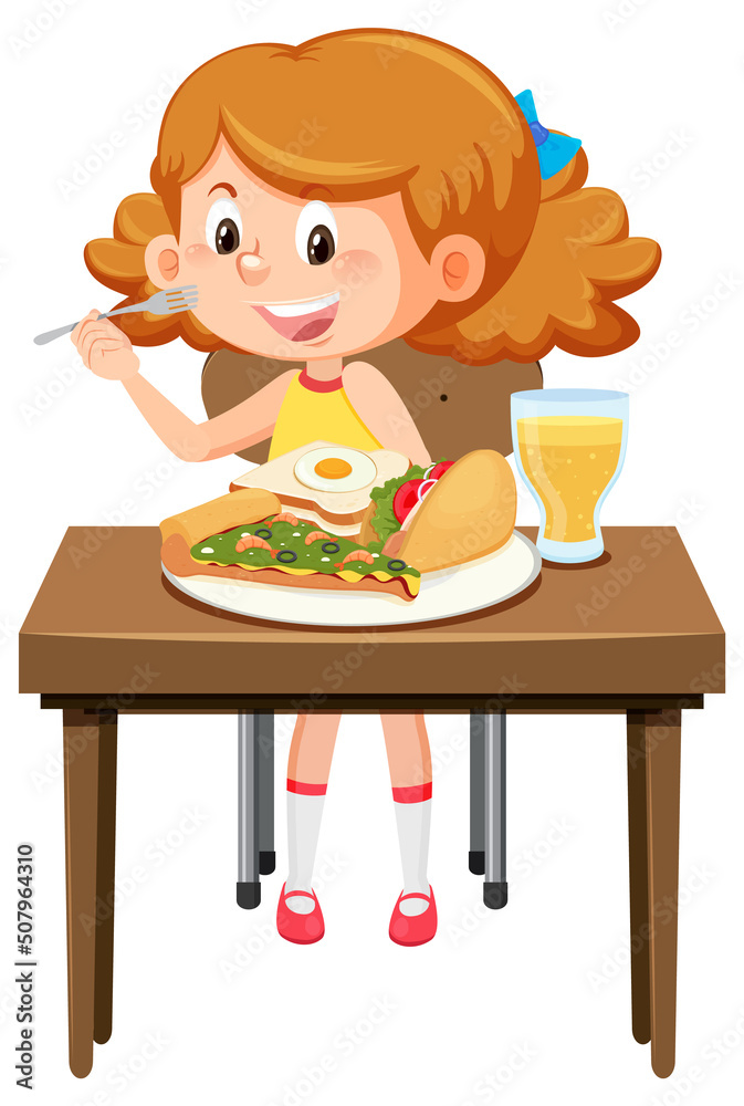 Happy girl enjoy eating food on table Happy girl enjoy eating food on table