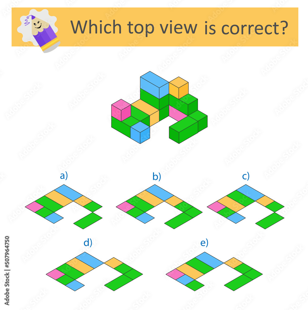 Logic game. Which top vıew is correct? IQ training test. Printable worksheet. Vector illustration. Answer is D Logic game. Which top vıew is correct? IQ training test. Printable worksheet. Vector illustration. Answer is D