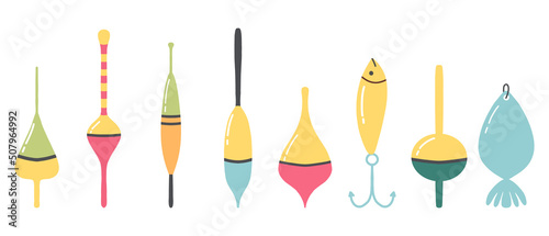 Fishing tackle. Set of fishing floats. Vector illustration. Fishing tools.