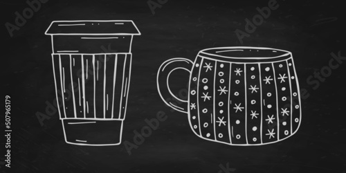 Set of a warming winter drinks on a black chalk board. Vector illustration in doodle style. Winter mood. Hello 2023. Merry Christmas and Happy New Year.