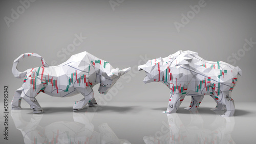 Bull and Bear Financial Strategies. Concept of stock market exchange or financial. 3d illustration of polygon bull and bear