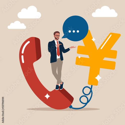 Сonfidence salesman standing with telephone connected to money yen sign. Telemarketing and telesales, phone call for selling product or business deal via telephone call, insurance agent concept.