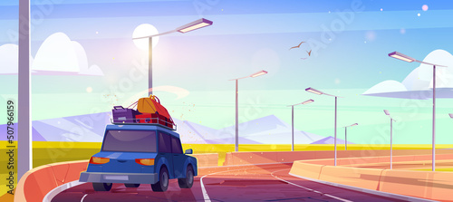 Car with luggage on roof drive on old broken road. Vector cartoon illustration of summer landscape with mountains, green fields and auto on bad highway with concrete barrier and street lights