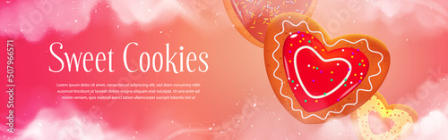 Sweet cookies banner with biscuits in heart shape with icing. Vector horizontal poster for Valentines day or romantic gift with pastry dessert, gingerbread cookies with frosting and sprinkle