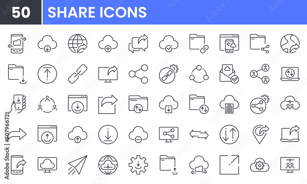 Share and Transfer vector line icon set. Contains linear outline icons like Download, Upload, Link, Publish, Cloud, Attach, Hyperlink, File, Link, Web, Send, Site, Internet. Editable use and stroke. - obrazy, fototapety, plakaty 
