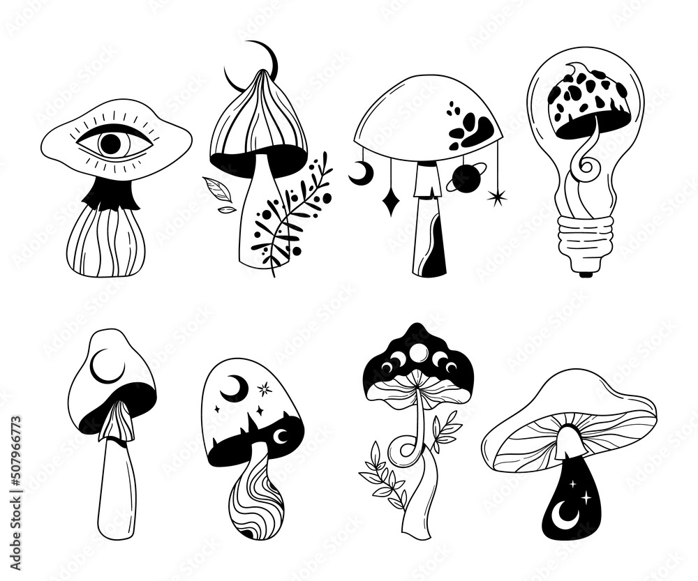 Mystical space mushroom and moon isolated clip art bundle, hand drawn