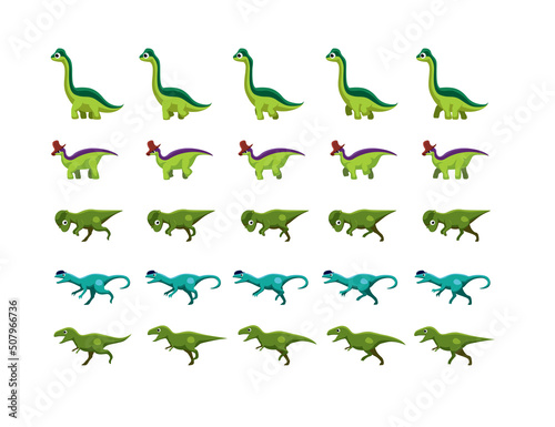 Animal Dinosaur Animation Moves Frame Sequence Cute Cartoon Vector Illustration Set 3
