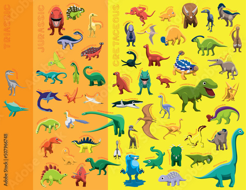 Animal Dinosaur Species Period Cartoon Vector Illustration Set