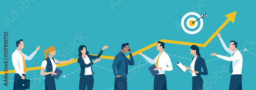 Success strategy. A group of business people lifting a business curve. Business vector illustration.