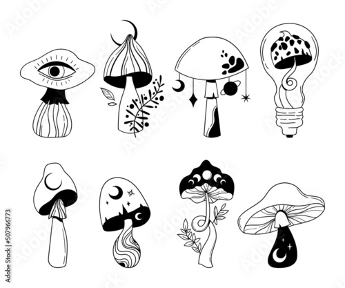 Mystical space mushroom and moon isolated clip art bundle, hand drawn line celestial mushrooms, moon and stars, witchy floral esoteric objects, - black and white vector set