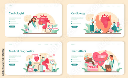Cardiologist web banner or landing page set. Idea of heart medical diagnostic