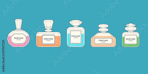 Perfume for women. A set of images of perfume bottles. A beautiful vector image in a fashionable style for design. photo