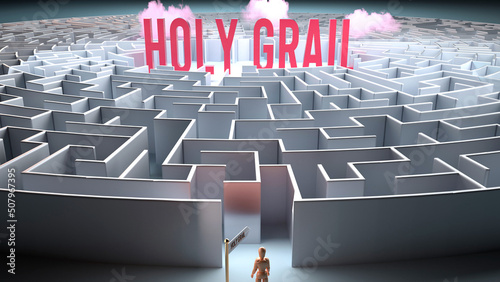 Holy grail and a challenging path that leads to it - confusion and frustration in seeking it, complicated journey to Holy grail,3d illustration photo