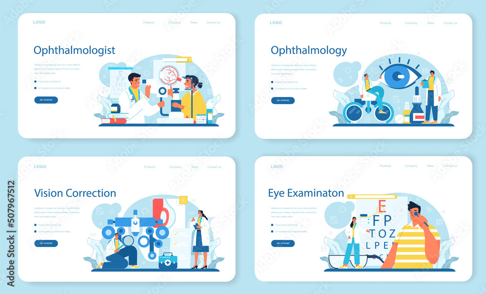 Ophthalmologist web banner or landing page set. Idea of eyesight check