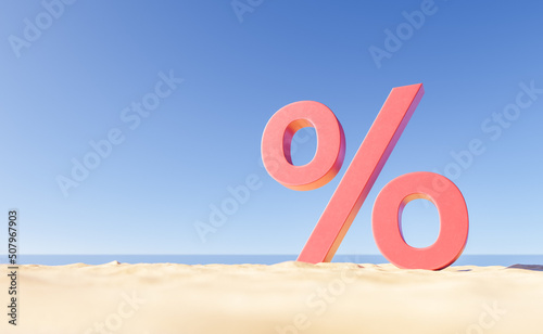 Large percent sign on sandy seashore in sunny day
