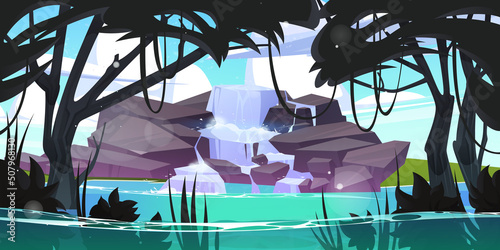 Waterfall in tropical jungle with trees, lianas and rocks. Vector cartoon illustration of summer exotic landscape with rainforest, grass, stones and water stream cascade