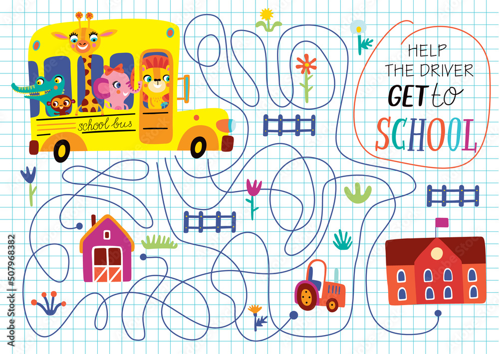 Funny maze for children. Back to school. Cartoon illustration on a white background.


