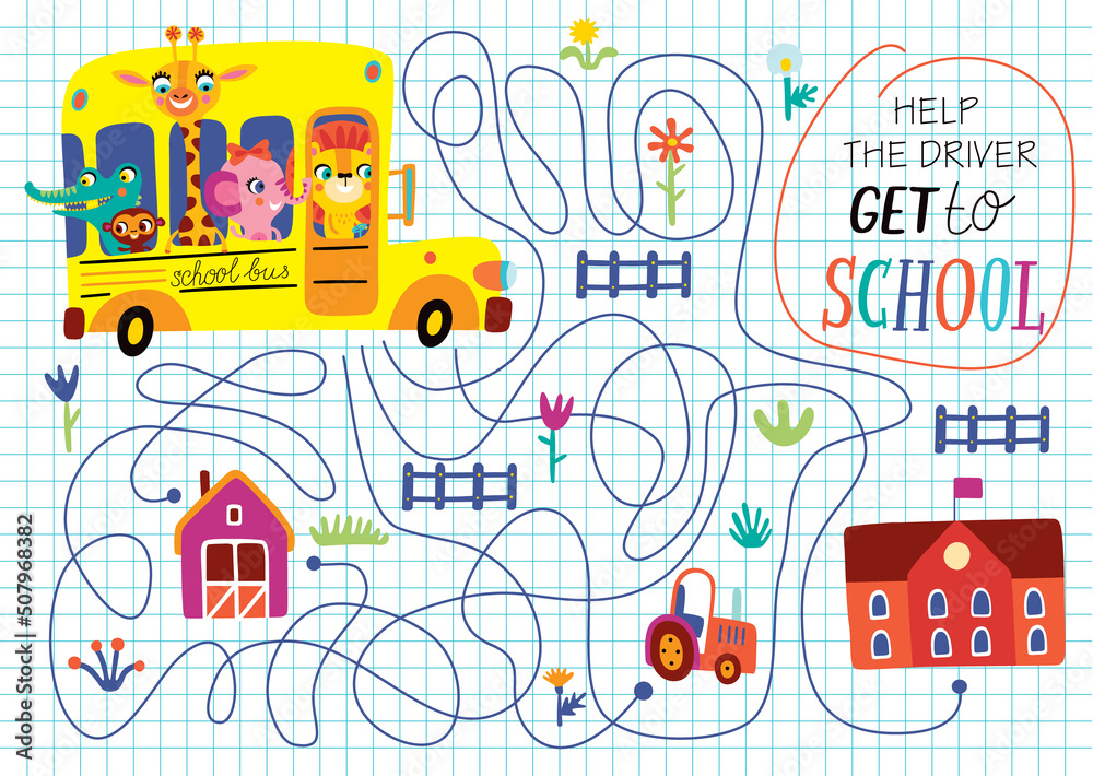 Funny maze for children. Back to school. Cartoon illustration on a white background.
Funny maze for children. Back to school. Cartoon illustration on a white background.