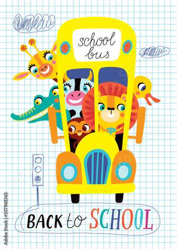 Back to school. Childish illustration on a white background. School bus in vector.