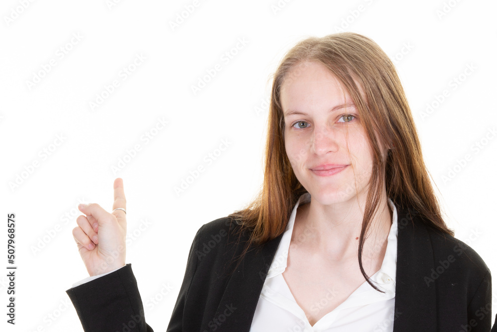 Happy smiling businesswoman showing something product side blank copyspace area for advertise slogan or text message isolated over white background Happy smiling businesswoman showing something product side blank copyspace area for advertise slogan or text message isolated over white background