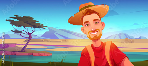 Happy man tourist making self photo in african savannah. Vector cartoon illustration of character with red hair and beard on safari travel in savanna with river, acacia trees and mountains