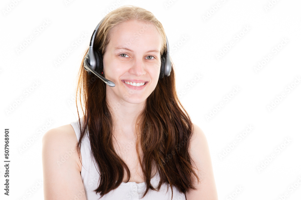 cute pretty woman in call center tele phone marketer looking at camera isolated on white background cute pretty woman in call center tele phone marketer looking at camera isolated on white background