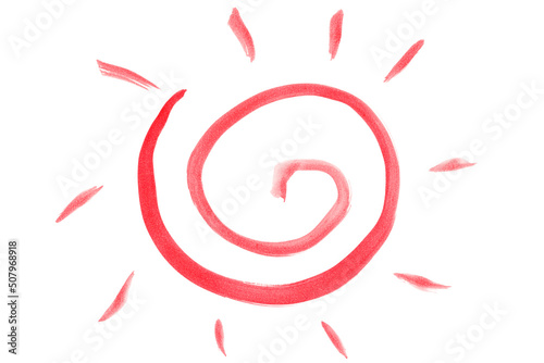 The symbol of the sun is drawn with a brush of red paint on white paper.
