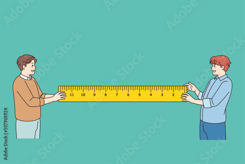 Smiling men holding ruler work on repairing project together. Male friends with tape take measurements. Mechanic and engineering concept. Vector illustration. 