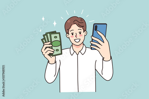 Smiling man holding smartphone and money excited with online lottery victory. Happy guy win cash on internet using cellphone. Working distant from mobile phone. Vector illustration. 