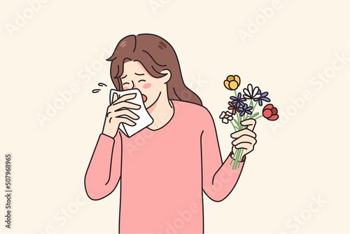 Sick young woman sneeze having allergy to flowers. Unhealthy girl hold floral bouquet feeling allergic to seasonal plants. Healthcare concept. Flat vector illustration. 