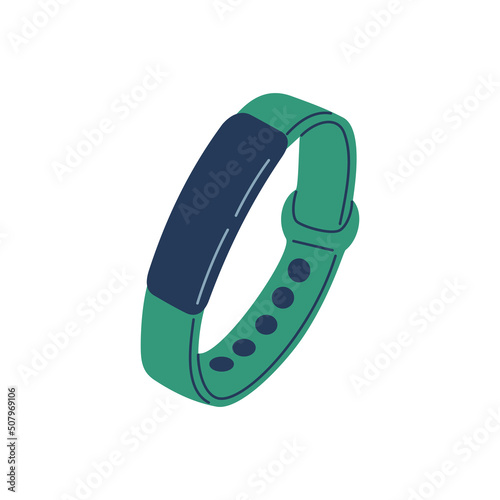 Fitness tracker. Smart bracelet for counting steps and measuring pulse. Hand drawn vector illustration isolated on white background. Flat cartoon style.