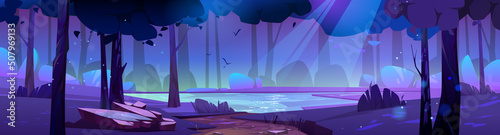 Summer forest landscape with lake and path in moonlight. Vector cartoon illustration of night nature scene with pond on glade, grass, trees and bushes on shore