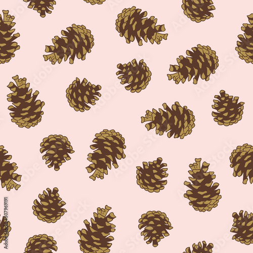 Vector hand drawn pine cones a on the pink background. Seamless Christmas pattern for fabric design or wrap paper