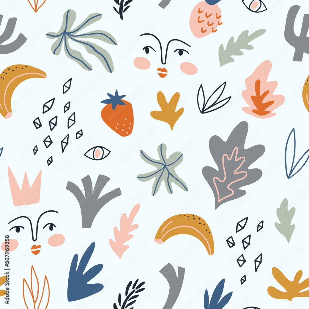 Abstract vector seamless pattern for kids. Cute hand-drawn print with fruits and faces.  
