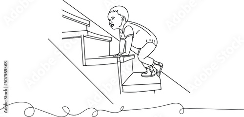 Sketch drawing of Little child climbing the stairs, Kids logo, LIne art illustration of kid climbing steps